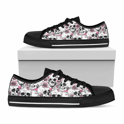 Pink Flowers Skull Pattern Print Black Low Top Sneakers