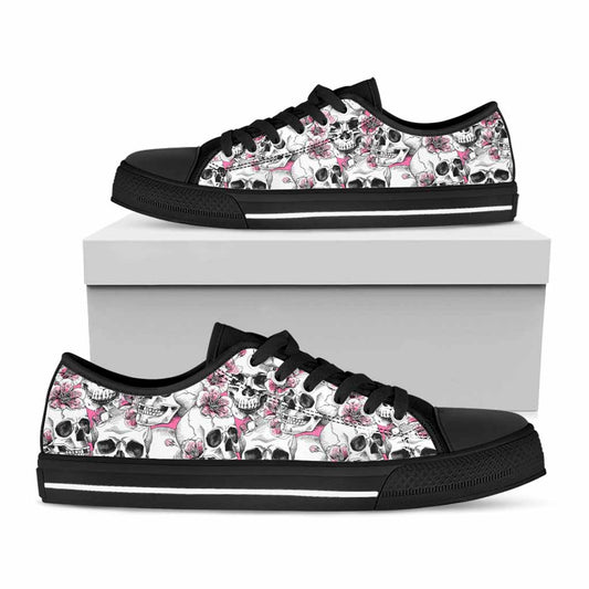 Pink Flowers Skull Pattern Print Black Low Top Sneakers
