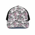 Pink Flowers Skull Pattern Print Black Mesh Trucker Hat