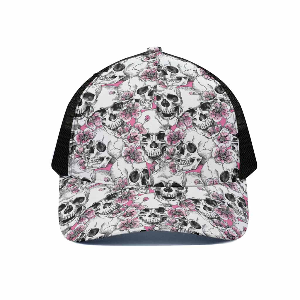Pink Flowers Skull Pattern Print Black Mesh Trucker Cap