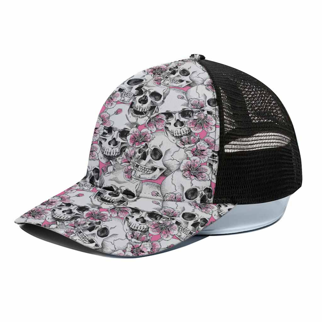 Pink Flowers Skull Pattern Print Black Mesh Trucker Cap