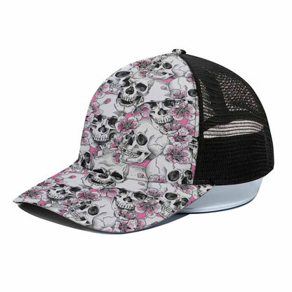 Pink Flowers Skull Pattern Print Black Mesh Trucker Cap