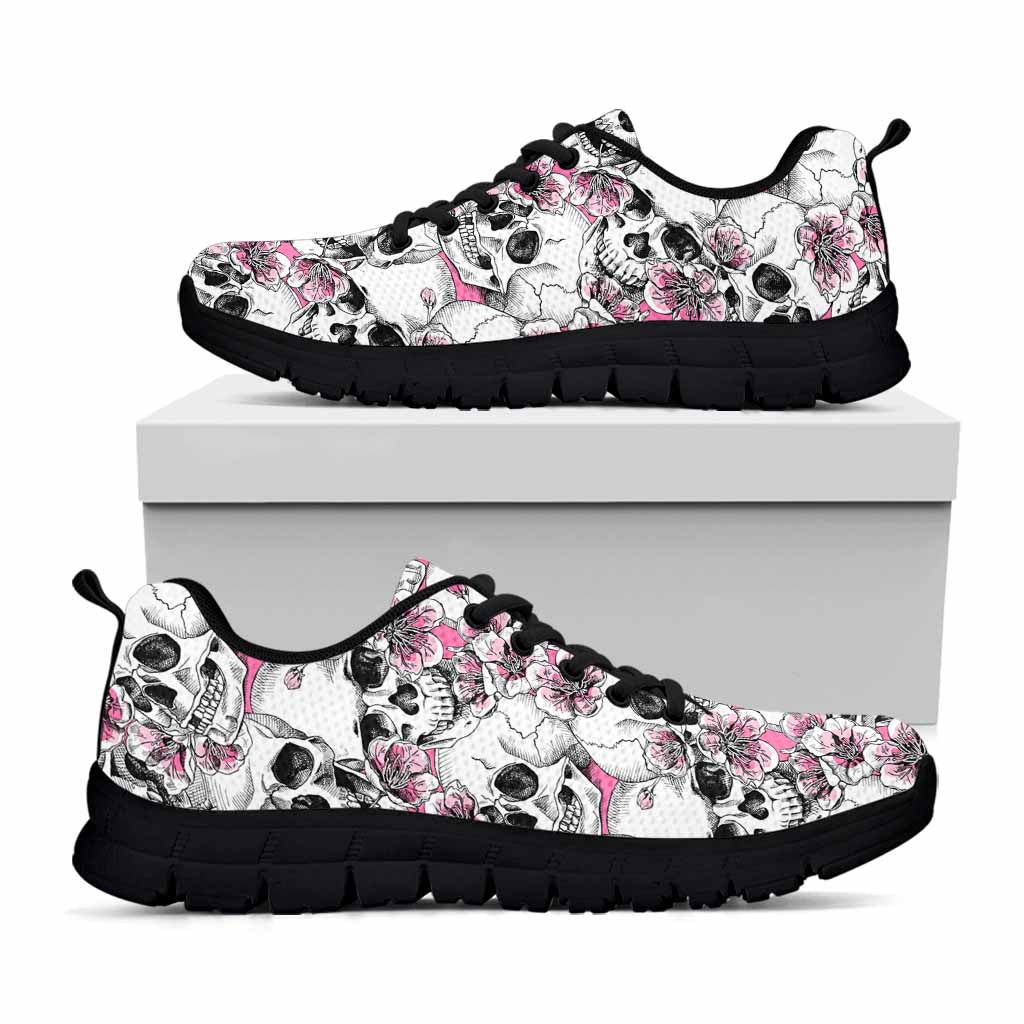 Pink Flowers Skull Pattern Print Black Running Shoes