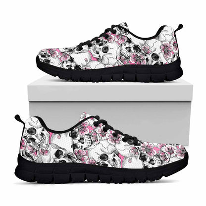 Pink Flowers Skull Pattern Print Black Running Shoes