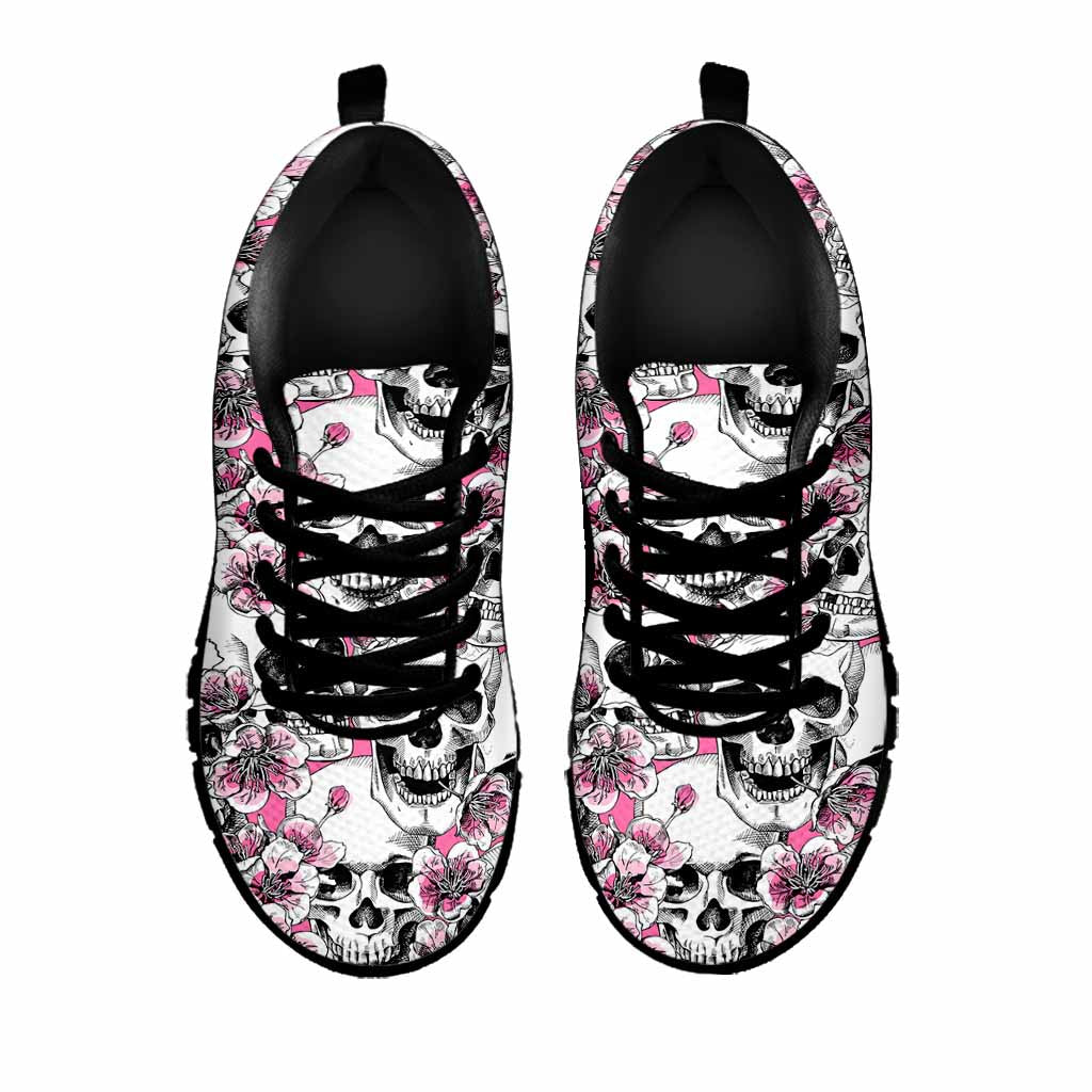 Pink Flowers Skull Pattern Print Black Running Shoes