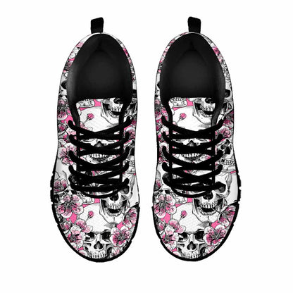 Pink Flowers Skull Pattern Print Black Running Shoes