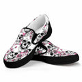 Pink Flowers Skull Pattern Print Black Slip On Sneakers