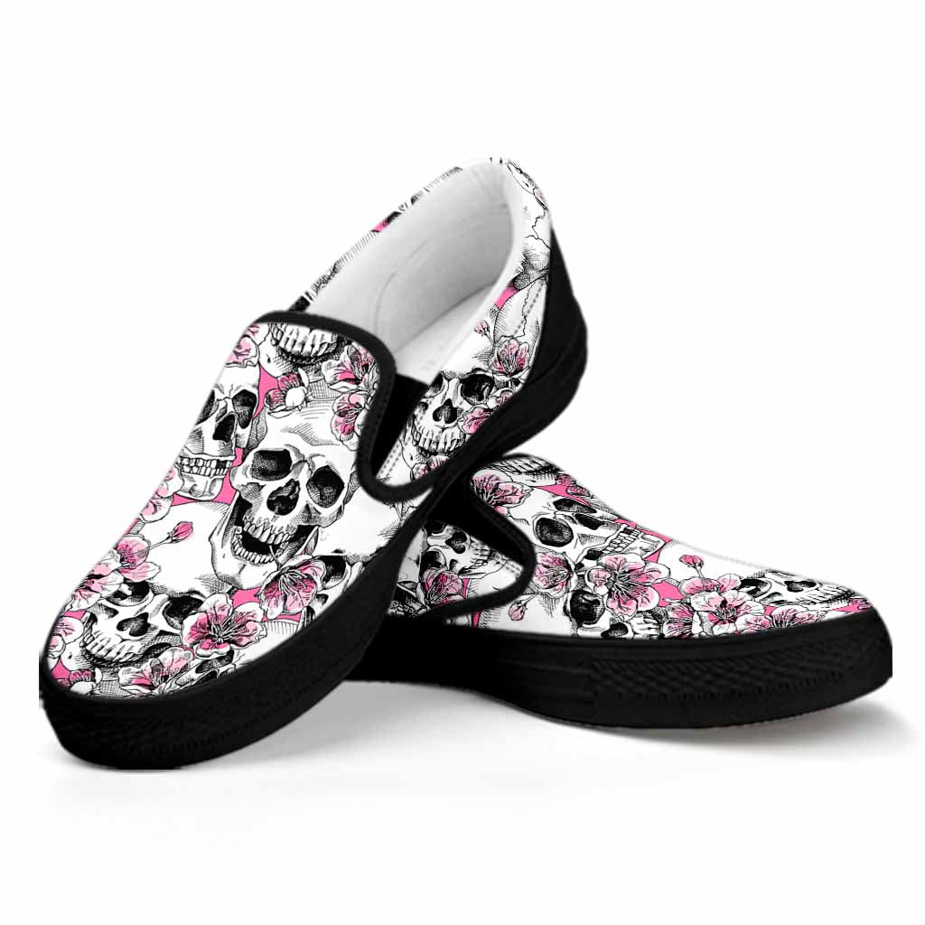 Pink Flowers Skull Pattern Print Black Slip On Sneakers