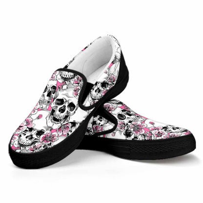 Pink Flowers Skull Pattern Print Black Slip On Sneakers