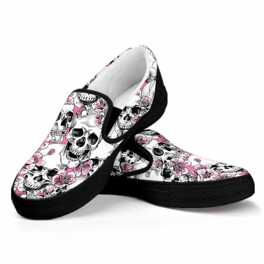 Pink Flowers Skull Pattern Print Black Slip On Sneakers