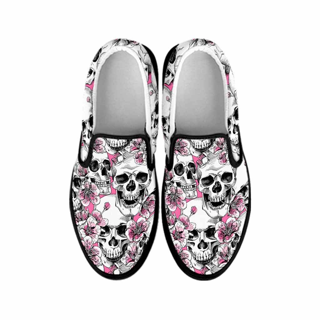 Pink Flowers Skull Pattern Print Black Slip On Sneakers