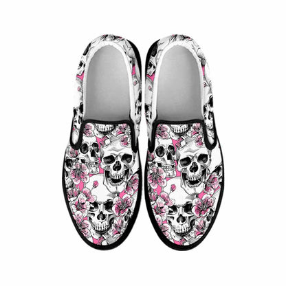 Pink Flowers Skull Pattern Print Black Slip On Sneakers