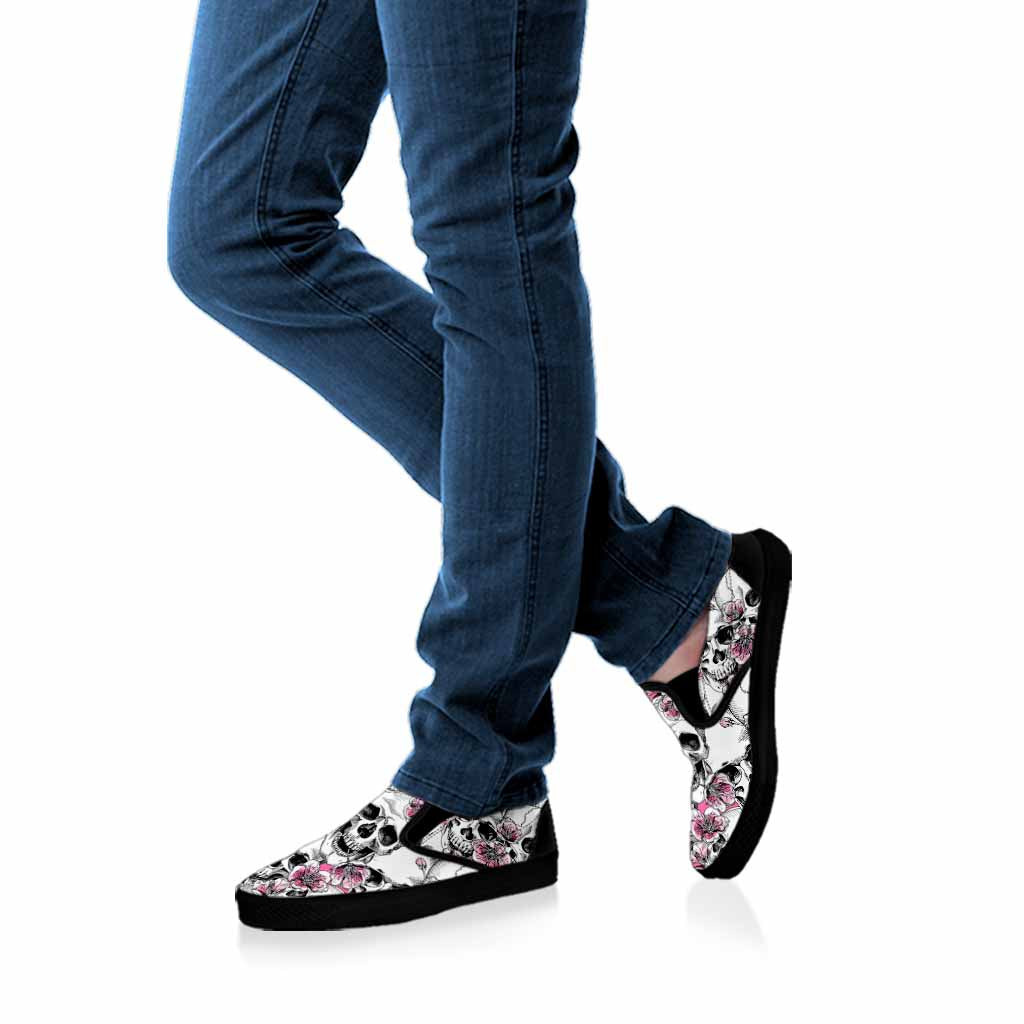 Pink Flowers Skull Pattern Print Black Slip On Sneakers
