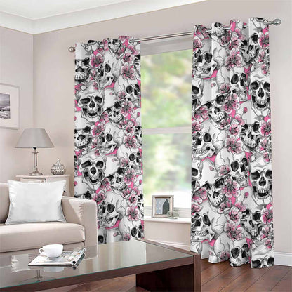Pink Flowers Skull Pattern Print Blackout Grommet Curtains