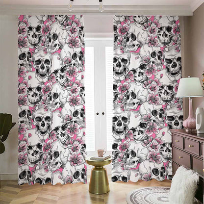 Pink Flowers Skull Pattern Print Blackout Pencil Pleat Curtains