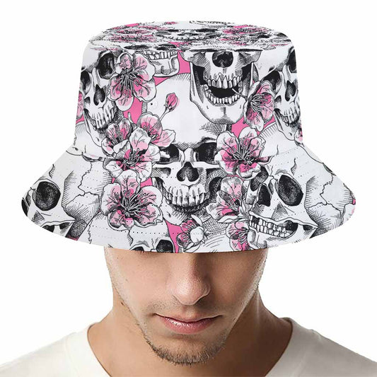 Pink Flowers Skull Pattern Print Bucket Hat