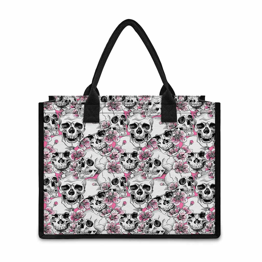 Pink Flowers Skull Pattern Print Canvas Tote Bag