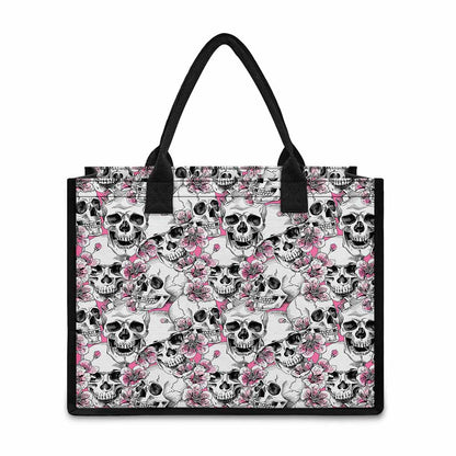 Pink Flowers Skull Pattern Print Canvas Tote Bag