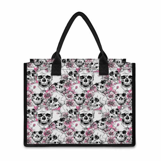 Pink Flowers Skull Pattern Print Canvas Tote Bag