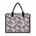 Pink Flowers Skull Pattern Print Canvas Tote Bag