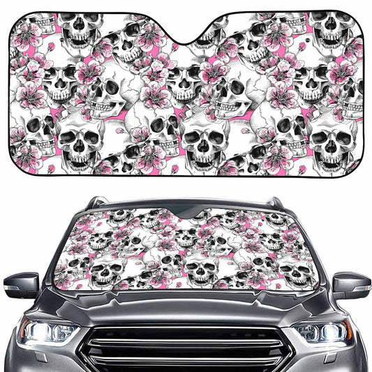 Pink Flowers Skull Pattern Print Car Windshield Sun Shade