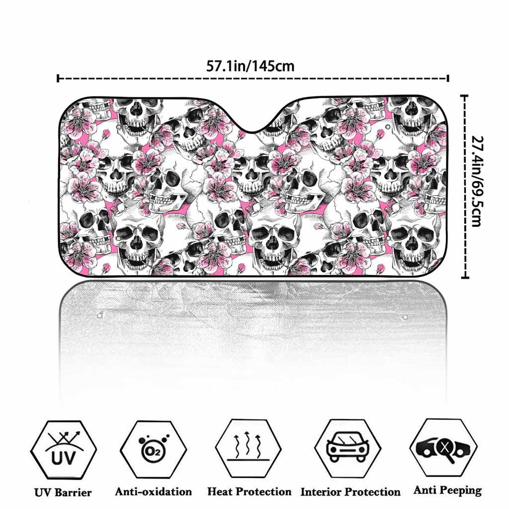 Pink Flowers Skull Pattern Print Car Windshield Sun Shade