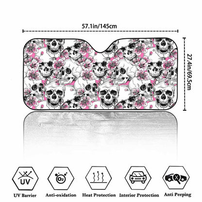 Pink Flowers Skull Pattern Print Car Windshield Sun Shade