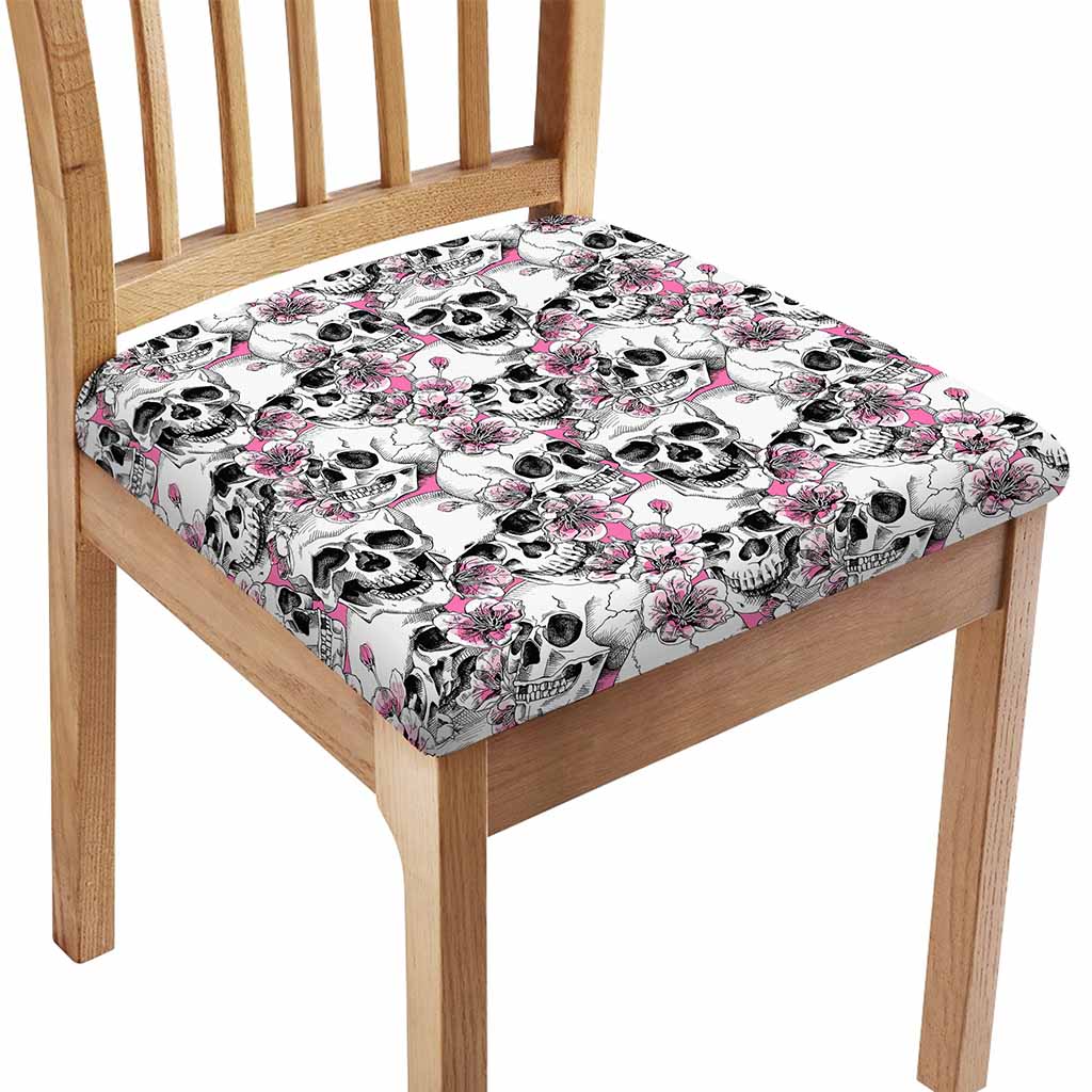 Pink Flowers Skull Pattern Print Chair Cushion Cover