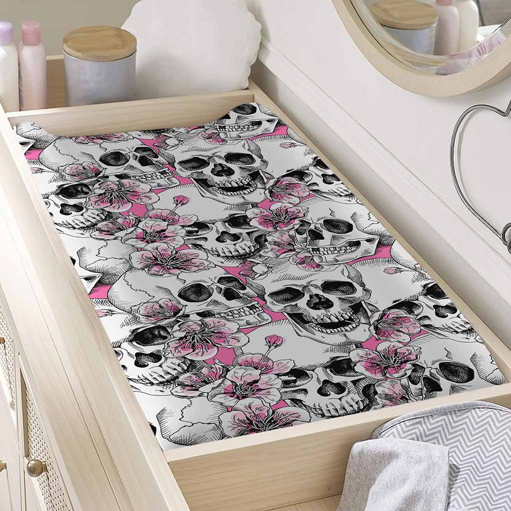 Pink Flowers Skull Pattern Print Changing Pad Cover