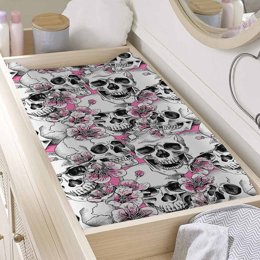 Pink Flowers Skull Pattern Print Changing Pad Cover