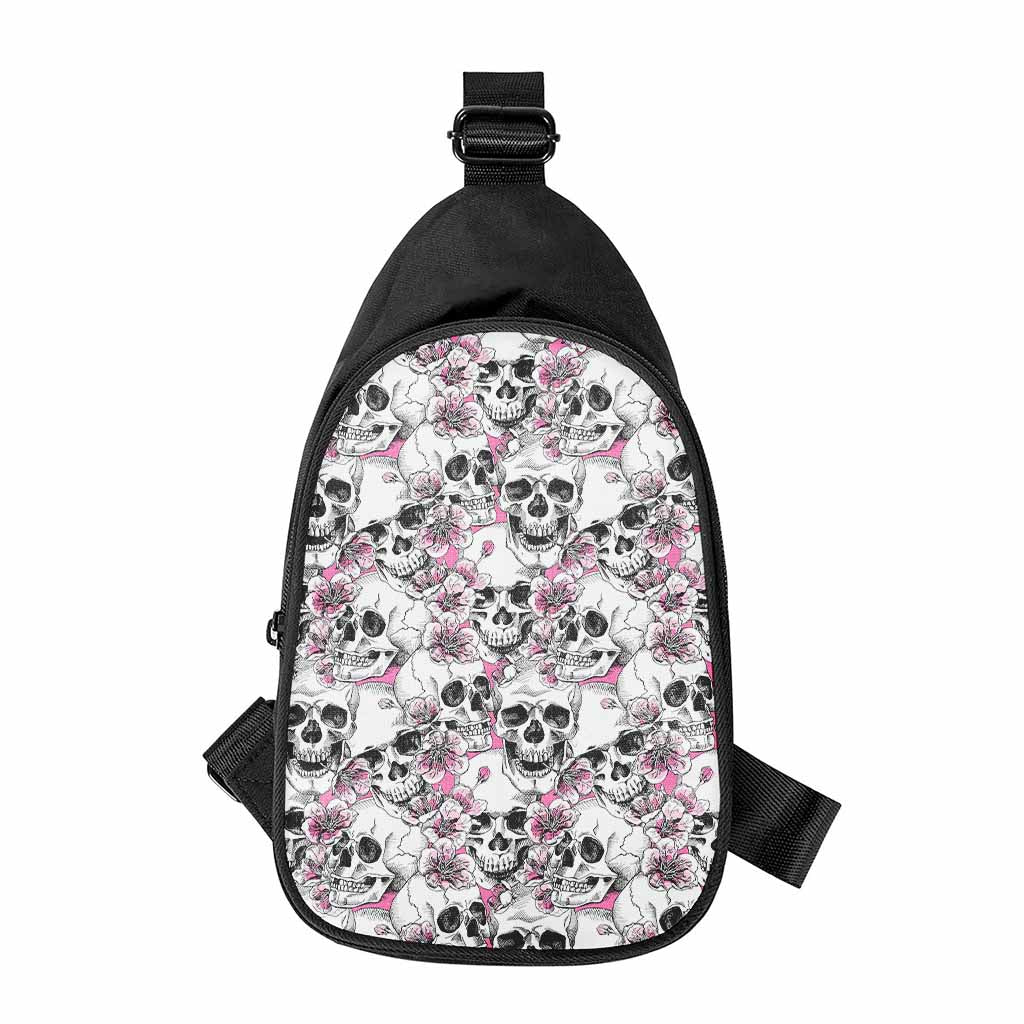 Pink Flowers Skull Pattern Print Chest Bag