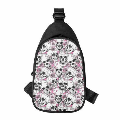 Pink Flowers Skull Pattern Print Chest Bag