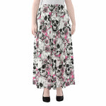 Pink Flowers Skull Pattern Print Chiffon Maxi Skirt