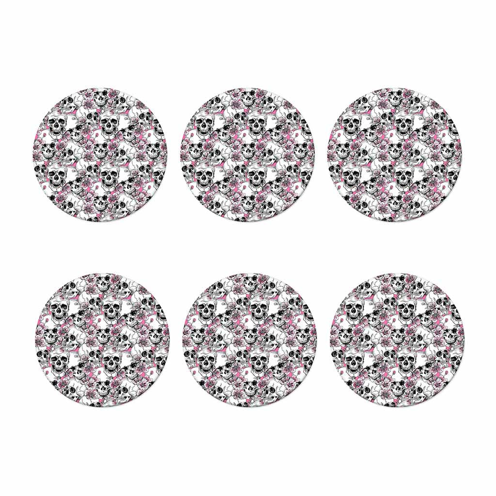 Pink Flowers Skull Pattern Print Coaster Set