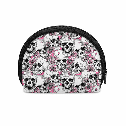 Pink Flowers Skull Pattern Print Coin Purse