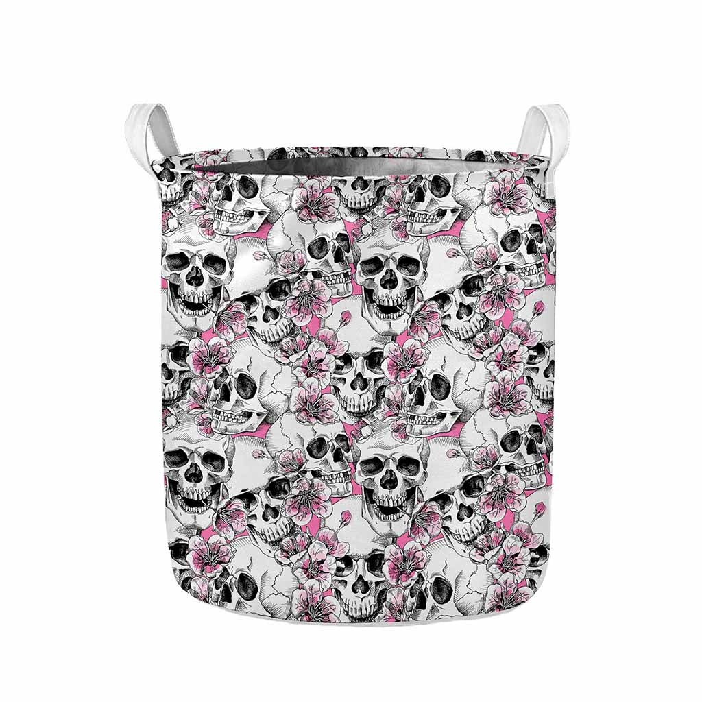 Pink Flowers Skull Pattern Print Collapsible Laundry Basket
