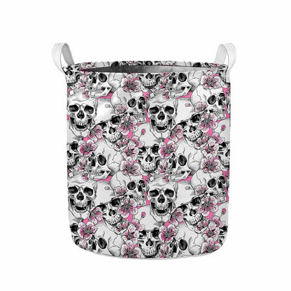 Pink Flowers Skull Pattern Print Collapsible Laundry Basket