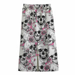 Pink Flowers Skull Pattern Print Cotton Front Slit Maxi Skirt