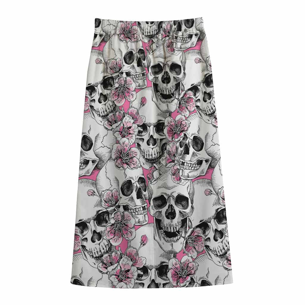 Pink Flowers Skull Pattern Print Cotton Front Slit Maxi Skirt