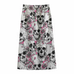 Pink Flowers Skull Pattern Print Cotton Front Slit Maxi Skirt