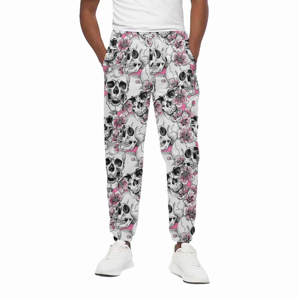 Pink Flowers Skull Pattern Print Cotton Pants