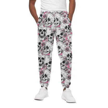 Pink Flowers Skull Pattern Print Cotton Pants