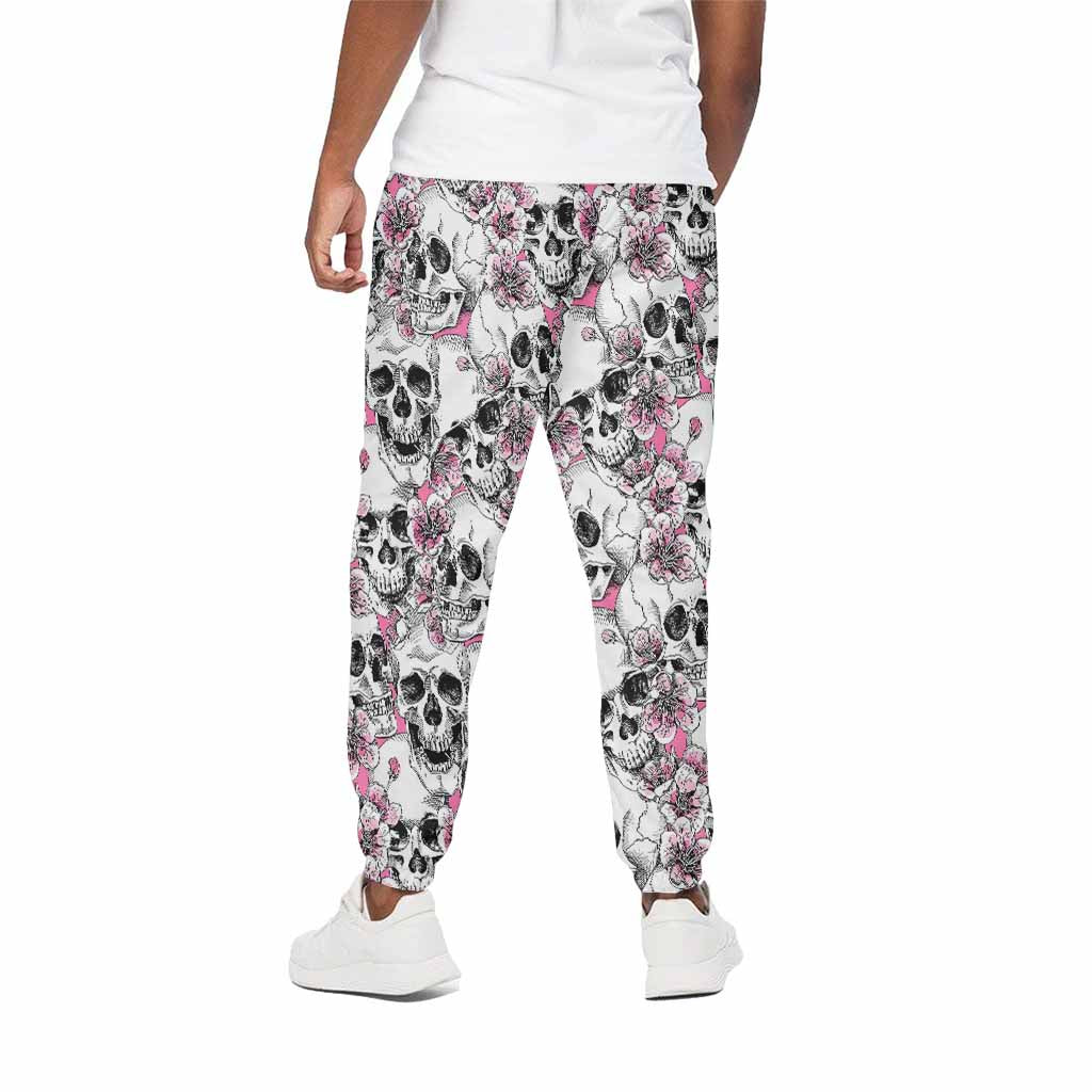 Pink Flowers Skull Pattern Print Cotton Pants