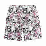 Pink Flowers Skull Pattern Print Cotton Shorts