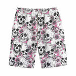 Pink Flowers Skull Pattern Print Cotton Shorts