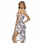 Pink Flowers Skull Pattern Print Cross Back Cami Dress