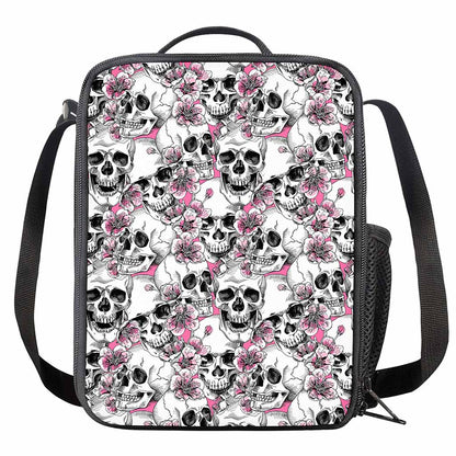 Pink Flowers Skull Pattern Print Crossbody Lunch Bag