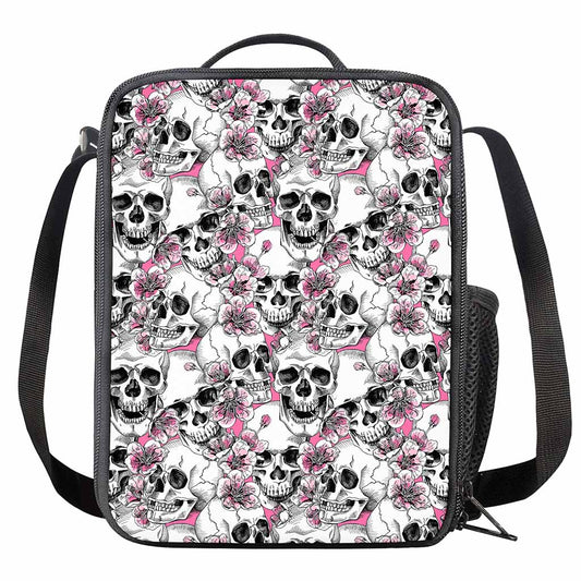 Pink Flowers Skull Pattern Print Crossbody Lunch Bag