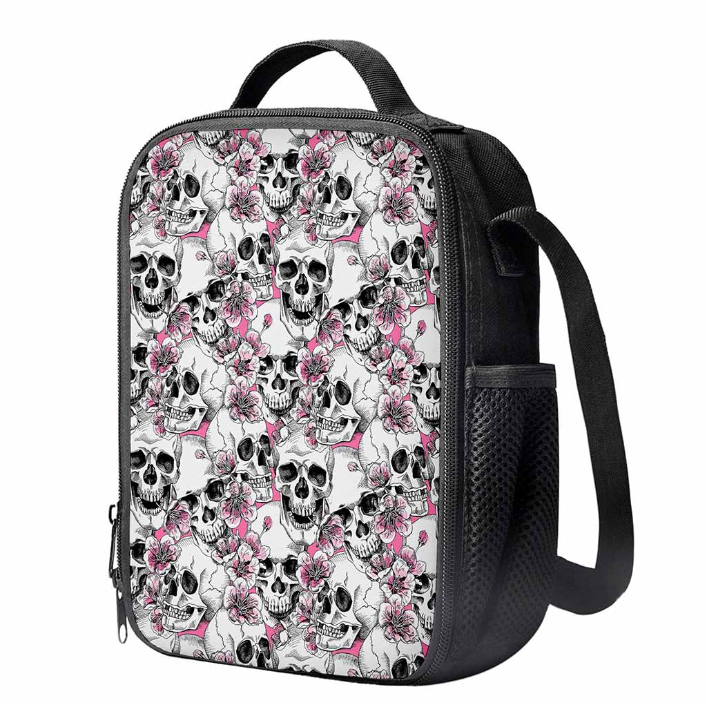 Pink Flowers Skull Pattern Print Crossbody Lunch Bag