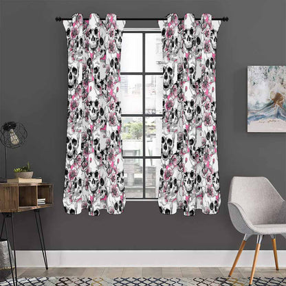 Pink Flowers Skull Pattern Print Curtain